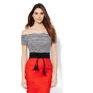 Off The Shoulder Black and White Stripe Top- New York and Company